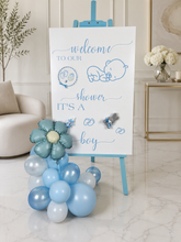 Load image into Gallery viewer, Baby shower – BABY BOY - blue welcome sign (easel, board &amp; balloons) - HIRE ONLY
