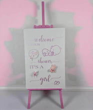 Load image into Gallery viewer, Baby shower – BABY GIRL - pink welcome sign (easel &amp; board) - HIRE ONLY

