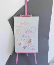 Load image into Gallery viewer, Baby shower – BABY GIRL - pink welcome sign (easel &amp; board) - HIRE ONLY
