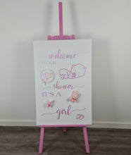 Load image into Gallery viewer, Baby shower – BABY GIRL - pink welcome sign (easel &amp; board) - HIRE ONLY
