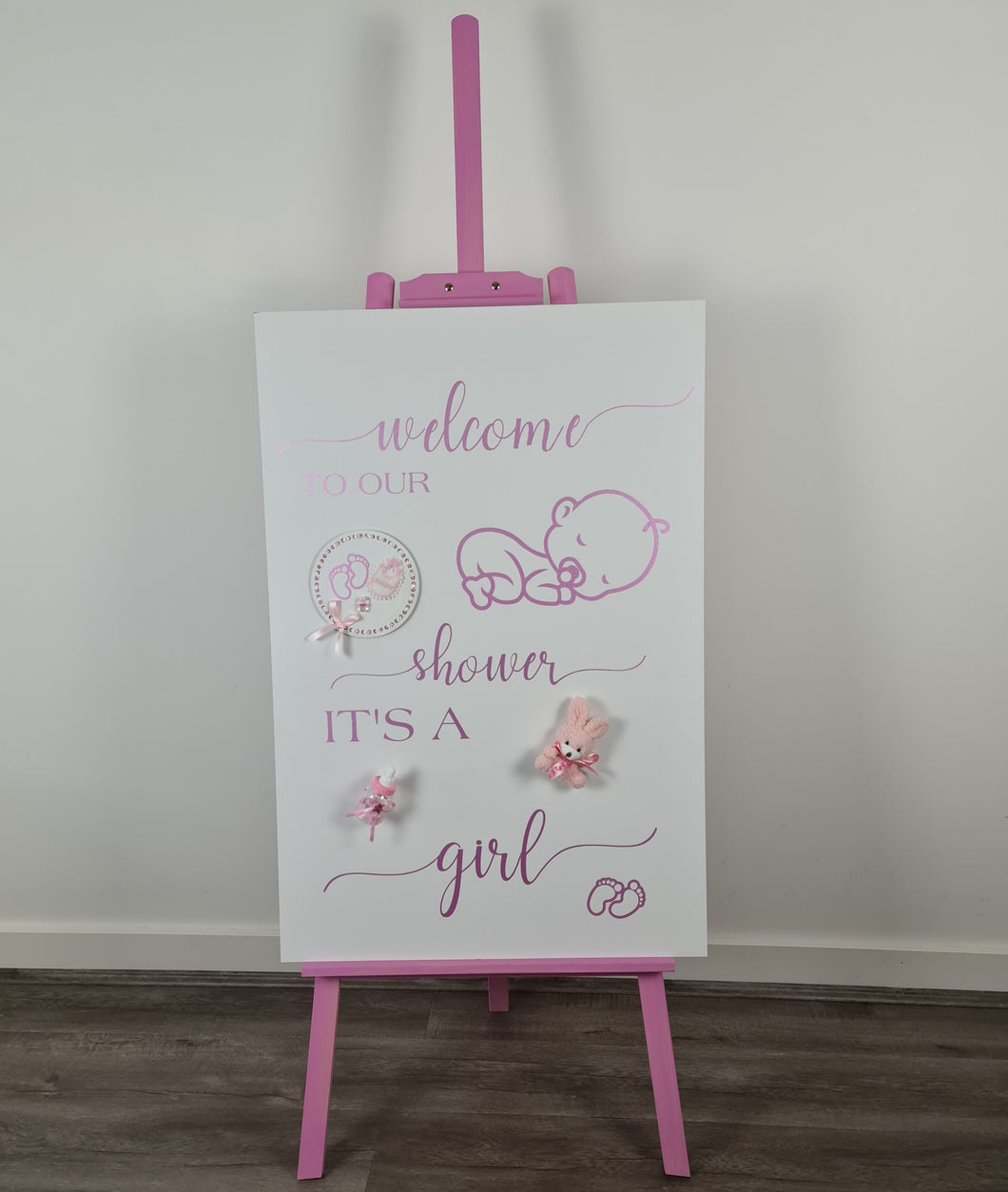 Baby shower – BABY GIRL - pink welcome sign (easel & board) - HIRE ONLY