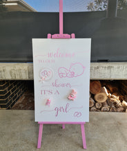 Load image into Gallery viewer, Baby shower – BABY GIRL - pink welcome sign (easel &amp; board) - HIRE ONLY
