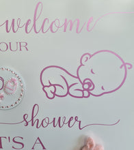 Load image into Gallery viewer, Baby shower – BABY GIRL - pink welcome sign (easel &amp; board) - HIRE ONLY
