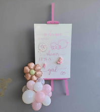 Load image into Gallery viewer, Baby shower – BABY GIRL - pink welcome sign (easel, board &amp; balloons) - HIRE ONLY
