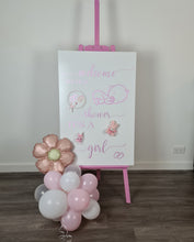 Load image into Gallery viewer, Baby shower – BABY GIRL - pink welcome sign (easel, board &amp; balloons) - HIRE ONLY
