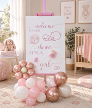 Load image into Gallery viewer, Baby shower – BABY GIRL - pink welcome sign (easel, board &amp; balloons) - HIRE ONLY
