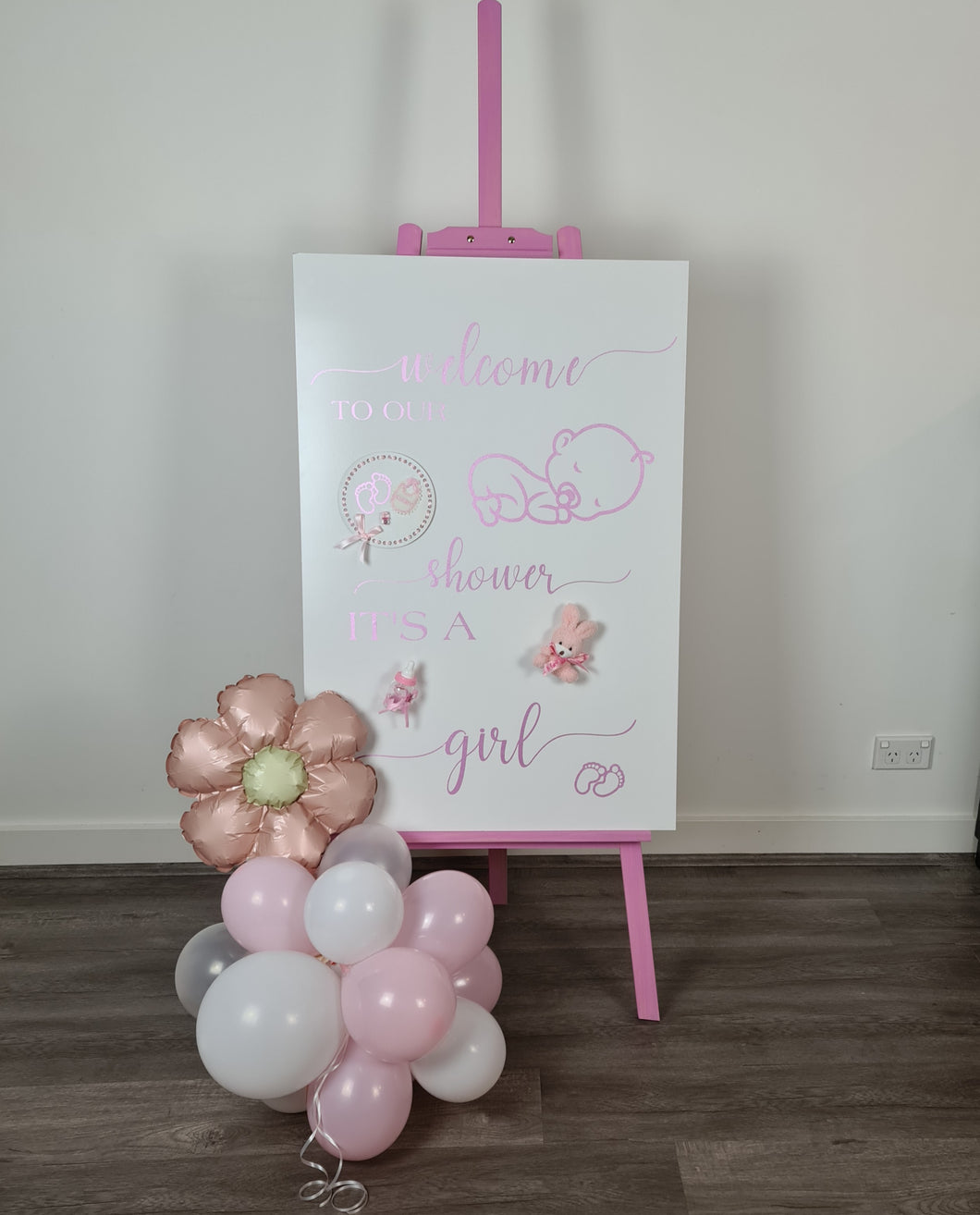 Baby shower – BABY GIRL - pink welcome sign (easel, board & balloons) - HIRE ONLY