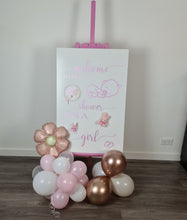 Load image into Gallery viewer, Baby shower – BABY GIRL - pink welcome sign (easel, board &amp; balloons) - HIRE ONLY
