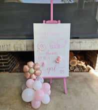 Load image into Gallery viewer, Baby shower – BABY GIRL - pink welcome sign (easel, board &amp; balloons) - HIRE ONLY
