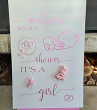 Load image into Gallery viewer, Baby shower – BABY GIRL - pink welcome sign (easel, board &amp; balloons) - HIRE ONLY
