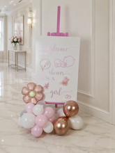Load image into Gallery viewer, Baby shower – BABY GIRL - pink welcome sign (easel, board &amp; balloons) - HIRE ONLY

