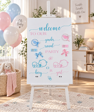 Load image into Gallery viewer, Baby shower – GENDER REVEAL – blue / pink welcome sign (easel &amp; board) - HIRE ONLY
