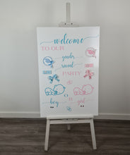 Load image into Gallery viewer, Baby shower – GENDER REVEAL – blue / pink welcome sign (easel &amp; board) - HIRE ONLY
