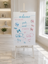 Load image into Gallery viewer, Baby shower – GENDER REVEAL – blue / pink welcome sign (easel &amp; board) - HIRE ONLY
