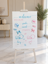 Load image into Gallery viewer, Baby shower – GENDER REVEAL – blue / pink welcome sign (easel &amp; board) - HIRE ONLY
