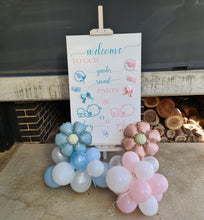 Load image into Gallery viewer, Baby shower – GENDER REVEAL – blue / pink welcome sign (easel, board &amp; balloons) - HIRE ONLY
