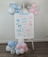 Load image into Gallery viewer, Baby shower – GENDER REVEAL – blue / pink welcome sign (easel, board &amp; balloons) - HIRE ONLY
