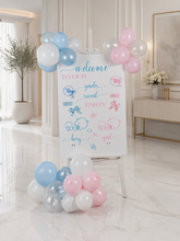 Load image into Gallery viewer, Baby shower – GENDER REVEAL – blue / pink welcome sign (easel, board &amp; balloons) - HIRE ONLY
