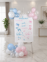 Load image into Gallery viewer, Baby shower – GENDER REVEAL – blue / pink welcome sign (easel, board &amp; balloons) - HIRE ONLY
