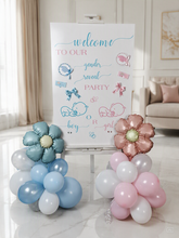 Load image into Gallery viewer, Baby shower – GENDER REVEAL – blue / pink welcome sign (easel, board &amp; balloons) - HIRE ONLY

