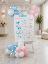 Load image into Gallery viewer, Baby shower – GENDER REVEAL – blue / pink welcome sign (easel, board &amp; balloons) - HIRE ONLY
