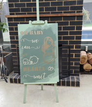 Load image into Gallery viewer, Baby shower – sage, green, neutral &amp; champagne gold welcome sign (easel &amp; board) - HIRE ONLY
