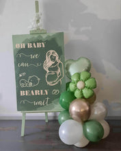 Load image into Gallery viewer, Baby shower – sage, green, neutral &amp; champagne gold welcome sign (easel, board &amp; balloons) - HIRE ONLY
