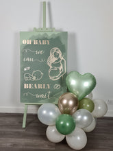 Load image into Gallery viewer, Baby shower – sage, green, neutral &amp; champagne gold welcome sign (easel, board &amp; balloons) - HIRE ONLY
