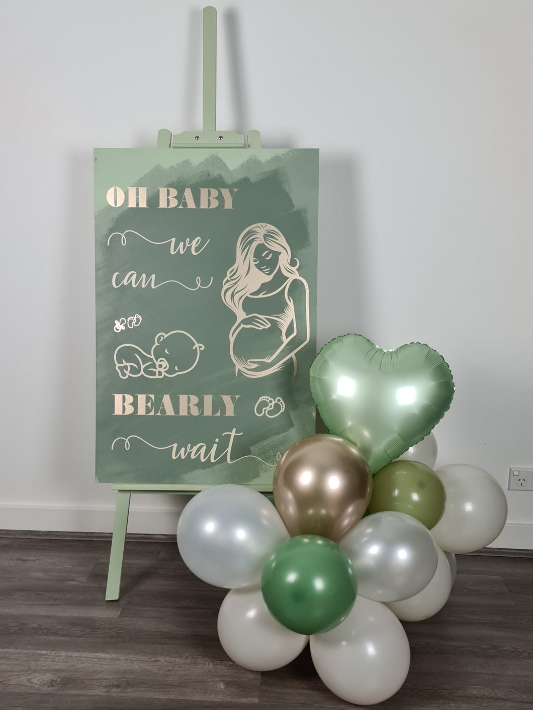 Baby shower – sage, green, neutral & champagne gold welcome sign (easel, board & balloons) - HIRE ONLY