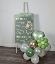 Load image into Gallery viewer, Baby shower – sage, green, neutral &amp; champagne gold welcome sign (easel, board &amp; balloons) - HIRE ONLY
