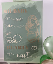 Load image into Gallery viewer, Baby shower – sage, green, neutral &amp; champagne gold welcome sign (easel, board &amp; balloons) - HIRE ONLY
