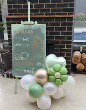 Load image into Gallery viewer, Baby shower – sage, green, neutral &amp; champagne gold welcome sign (easel, board &amp; balloons) - HIRE ONLY
