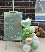 Load image into Gallery viewer, Baby shower – sage, green, neutral &amp; champagne gold welcome sign (easel, board &amp; balloons) - HIRE ONLY
