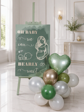 Load image into Gallery viewer, Baby shower – sage, green, neutral &amp; champagne gold welcome sign (easel, board &amp; balloons) - HIRE ONLY
