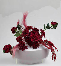 Load image into Gallery viewer, Burgundy, dark red package – 2 arches, 3 flowers &amp; welcome sign - HIRE ONLY
