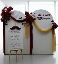 Load image into Gallery viewer, Burgundy, dark red package – 2 arches, 3 flowers &amp; welcome sign - HIRE ONLY
