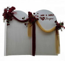 Load image into Gallery viewer, Burgundy, dark red package – 2 arches, 3 flowers &amp; welcome sign - HIRE ONLY
