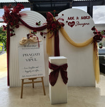 Load image into Gallery viewer, Burgundy, dark red package – 2 arches, 3 flowers &amp; welcome sign - HIRE ONLY
