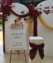 Load image into Gallery viewer, Burgundy, dark red package – 2 arches, 3 flowers &amp; welcome sign - HIRE ONLY

