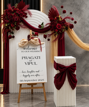 Load image into Gallery viewer, Burgundy, dark red package – 2 arches, 3 flowers &amp; welcome sign - HIRE ONLY
