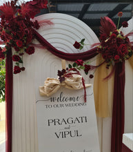 Load image into Gallery viewer, Burgundy, dark red package – 2 arches, 3 flowers &amp; welcome sign - HIRE ONLY
