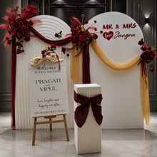Load image into Gallery viewer, Burgundy, dark red package – 2 arches, 3 flowers &amp; welcome sign - HIRE ONLY
