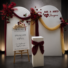 Load image into Gallery viewer, Burgundy, dark red package – 2 arches, 3 flowers &amp; welcome sign - HIRE ONLY

