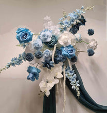 Load image into Gallery viewer, White rectangular backdrop 2.1m &amp; blue flowers - HIRE ONLY
