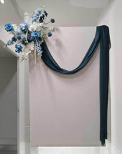 Load image into Gallery viewer, White rectangular backdrop 2.1m &amp; blue flowers - HIRE ONLY
