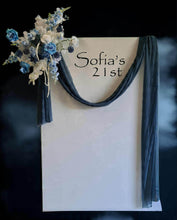 Load image into Gallery viewer, White rectangular backdrop 2.1m &amp; blue flowers - HIRE ONLY
