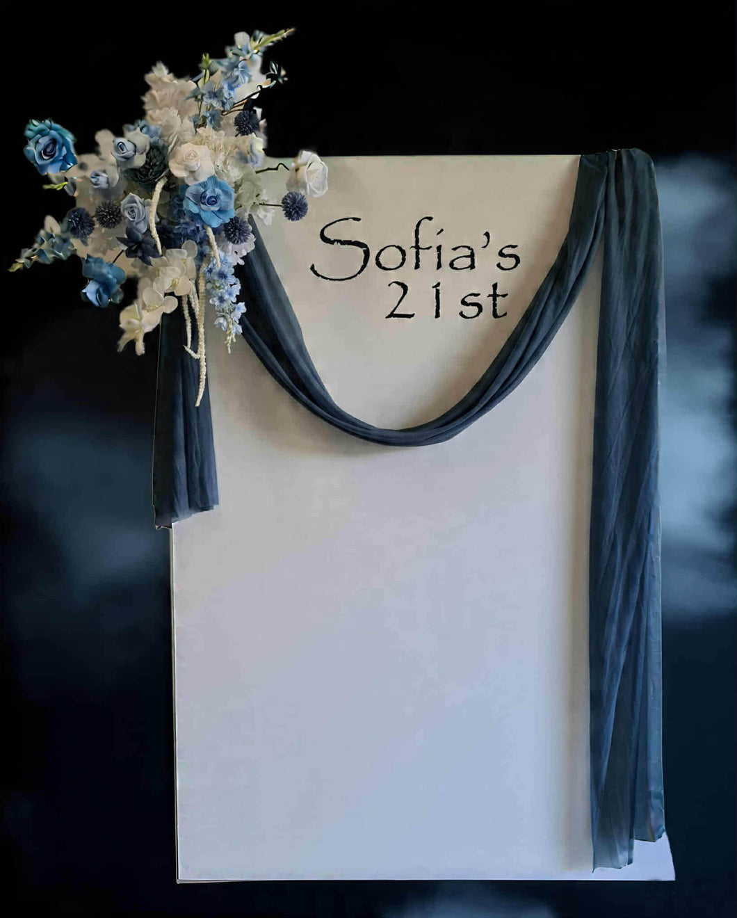 White rectangular backdrop 2.1m & blue flowers - HIRE ONLY