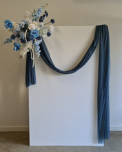 Load image into Gallery viewer, White rectangular backdrop 2.1m &amp; blue flowers - HIRE ONLY
