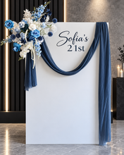 Load image into Gallery viewer, White rectangular backdrop 2.1m &amp; blue flowers - HIRE ONLY
