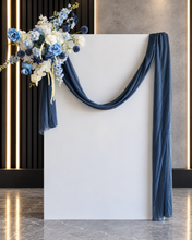 Load image into Gallery viewer, White rectangular backdrop 2.1m &amp; blue flowers - HIRE ONLY

